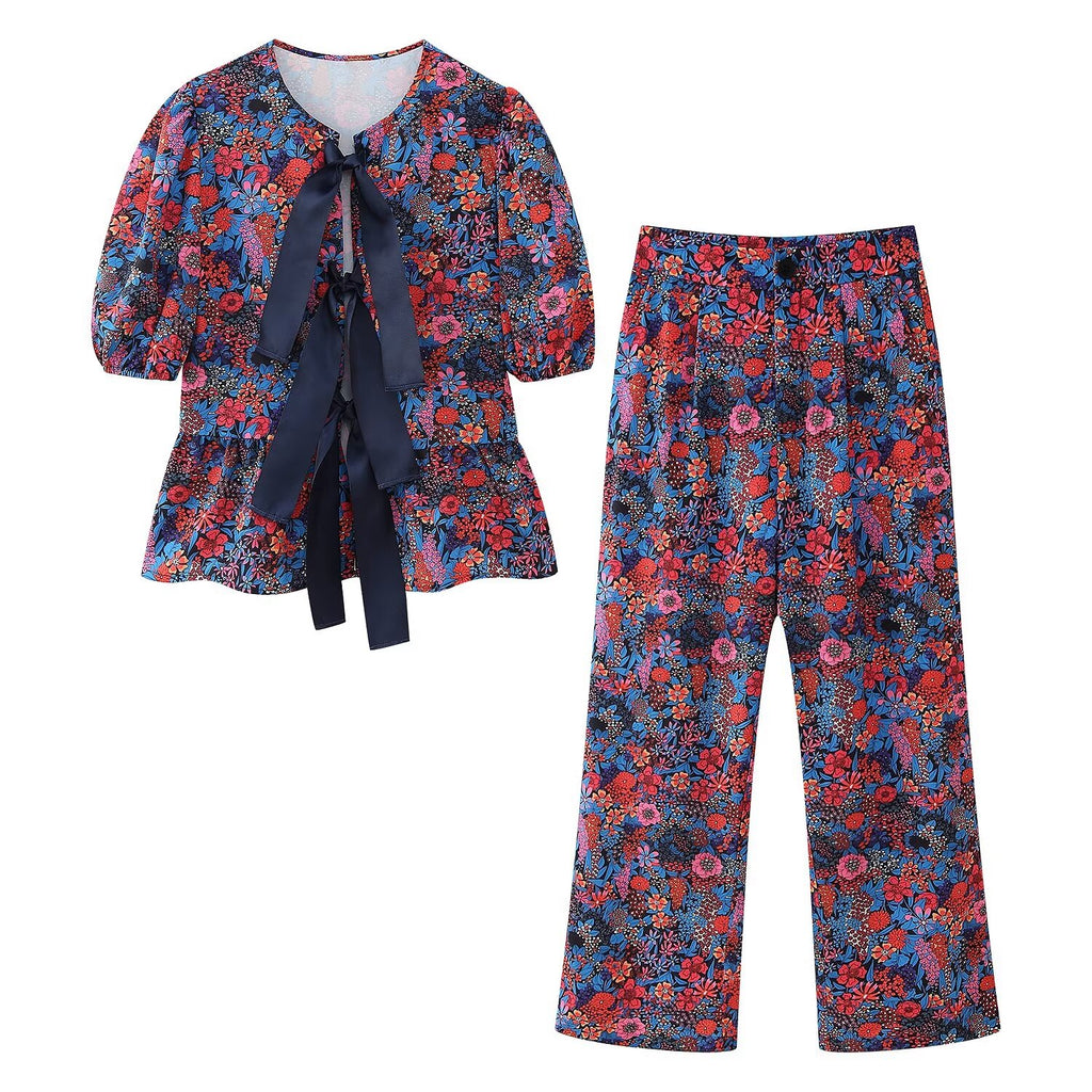 Women's Spring Women's Bow Print Top Casual Trousers Suit