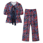 Women's Spring Women's Bow Print Top Casual Trousers Suit