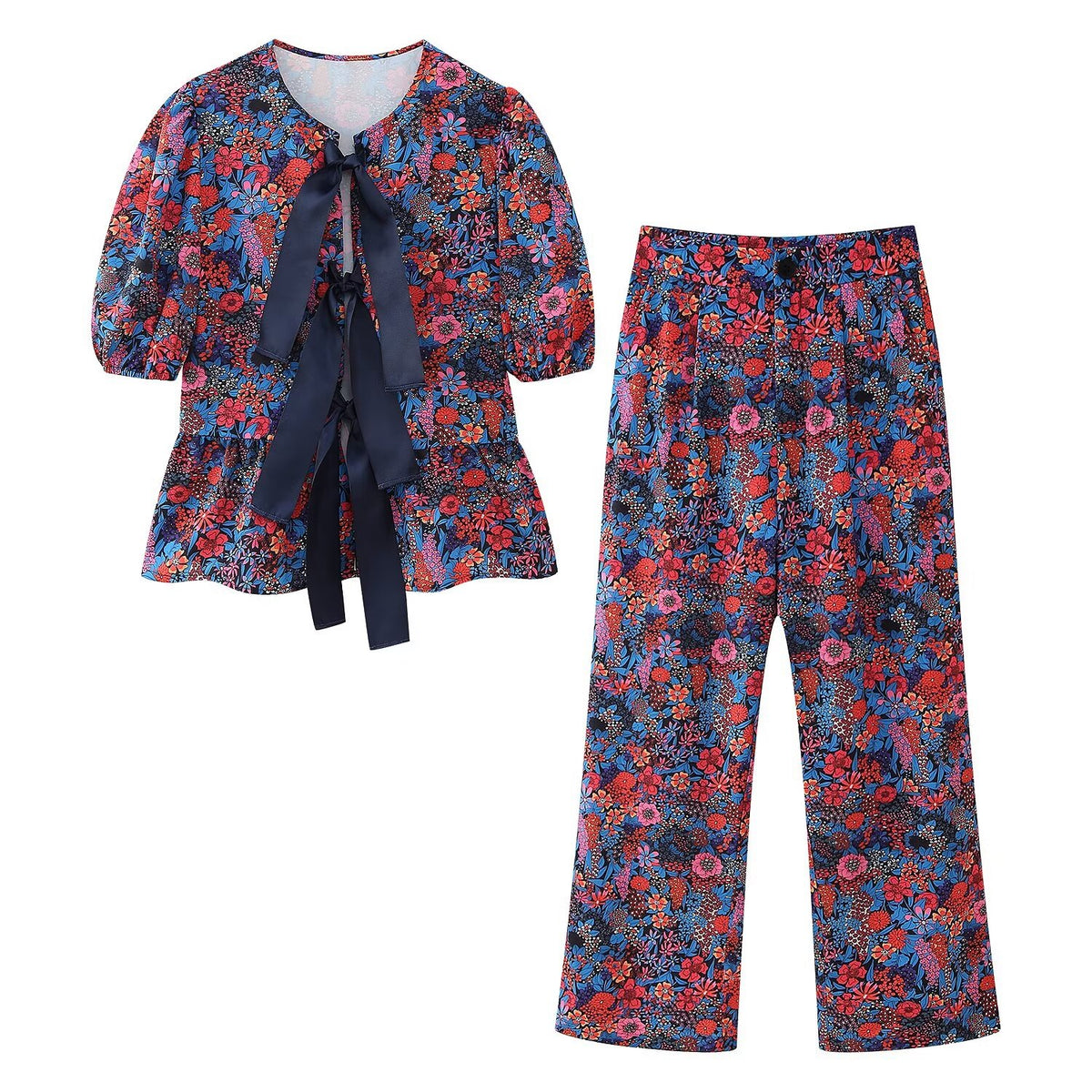 Women's Spring Women's Bow Print Top Casual Trousers Suit