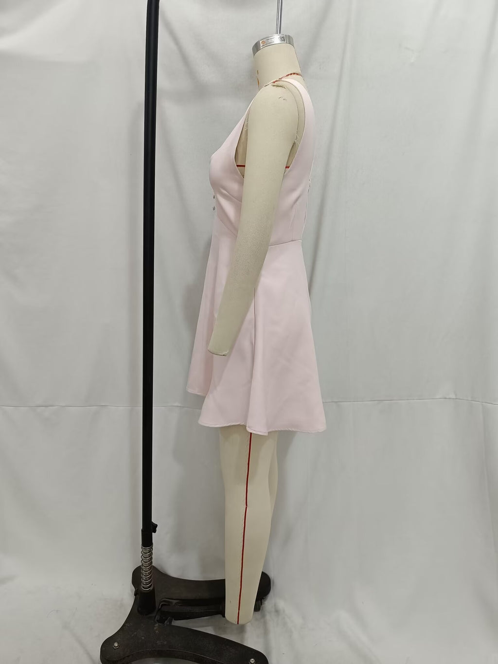 Pink Gem-Button Spaghetti-Strap Dress