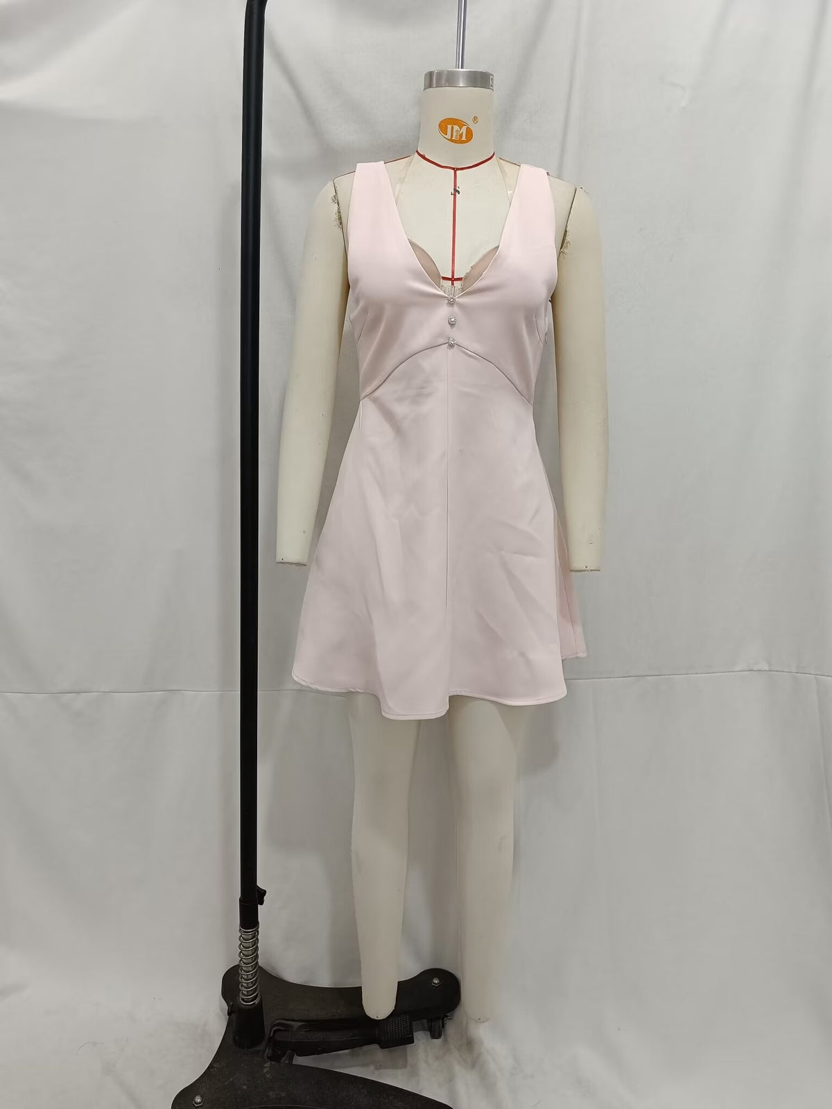Pink Gem-Button Spaghetti-Strap Dress