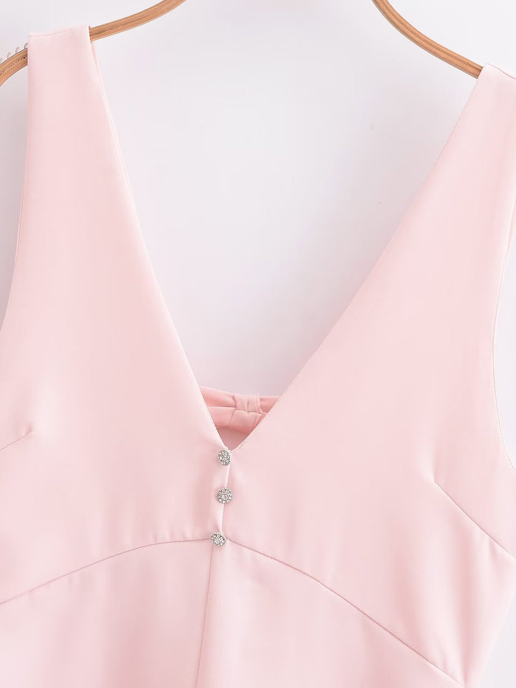 Pink Gem-Button Spaghetti-Strap Dress