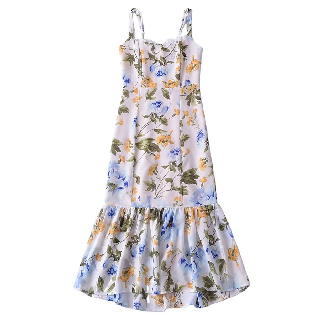 Women French Retro V Neck Slim Fit Printed Fishtail Dress Seaside Vacation
