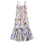 Women French Retro V Neck Slim Fit Printed Fishtail Dress Seaside Vacation