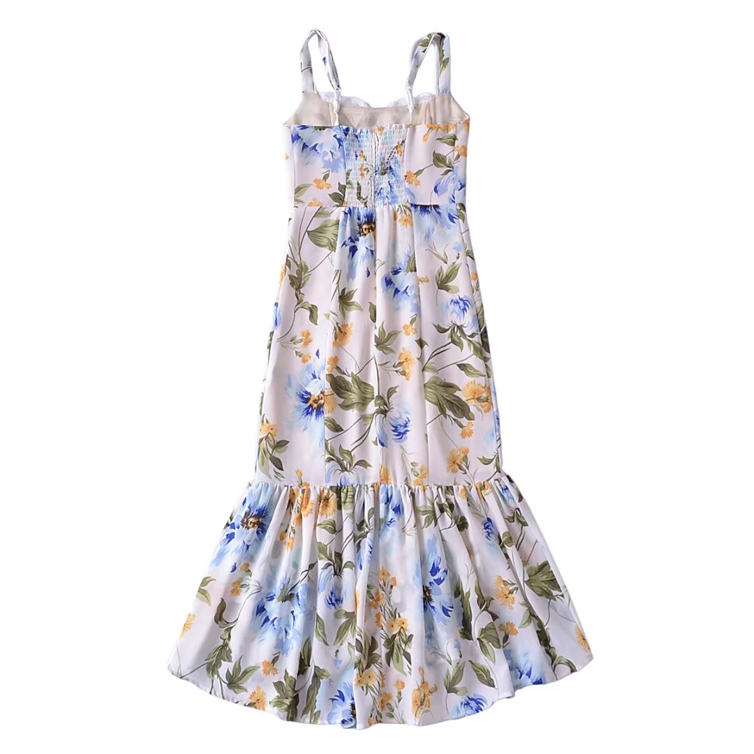 Women French Retro V Neck Slim Fit Printed Fishtail Dress Seaside Vacation