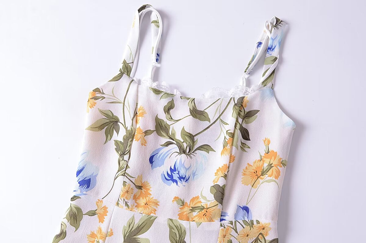 Women French Retro V Neck Slim Fit Printed Fishtail Dress Seaside Vacation