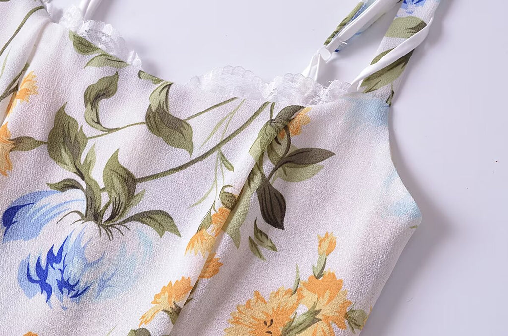 Women French Retro V Neck Slim Fit Printed Fishtail Dress Seaside Vacation