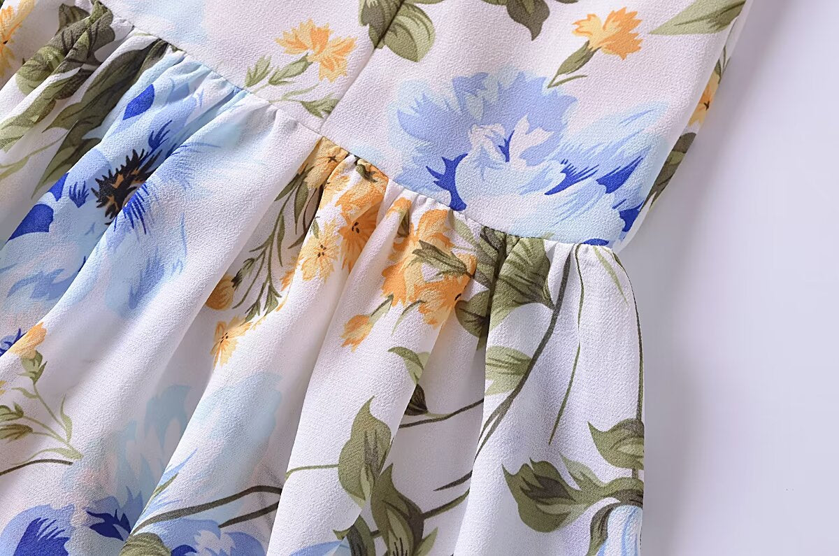 Women French Retro V Neck Slim Fit Printed Fishtail Dress Seaside Vacation