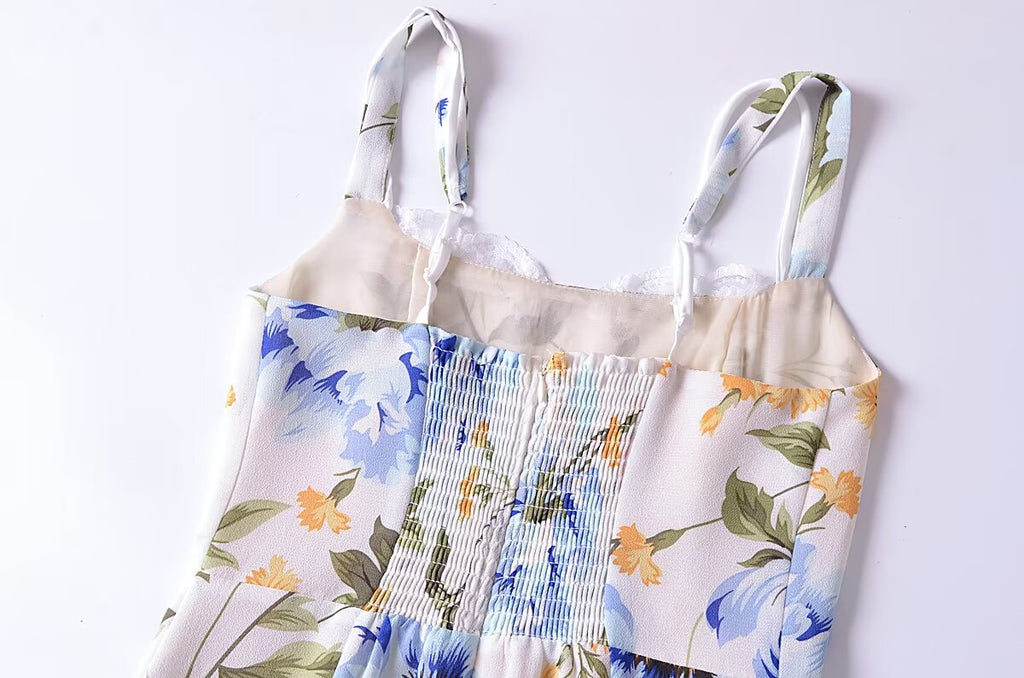 Women French Retro V Neck Slim Fit Printed Fishtail Dress Seaside Vacation