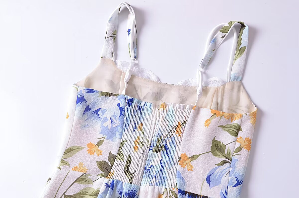 Women French Retro V Neck Slim Fit Printed Fishtail Dress Seaside Vacation