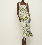 Women French Retro V Neck Slim Fit Printed Fishtail Dress Seaside Vacation