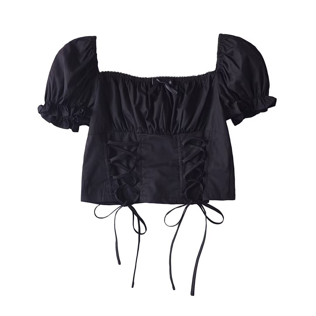 Women’s Black Puff Sleeve Lace Up Square Neck Crop Top