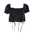 Women’s Black Puff Sleeve Lace Up Square Neck Crop Top