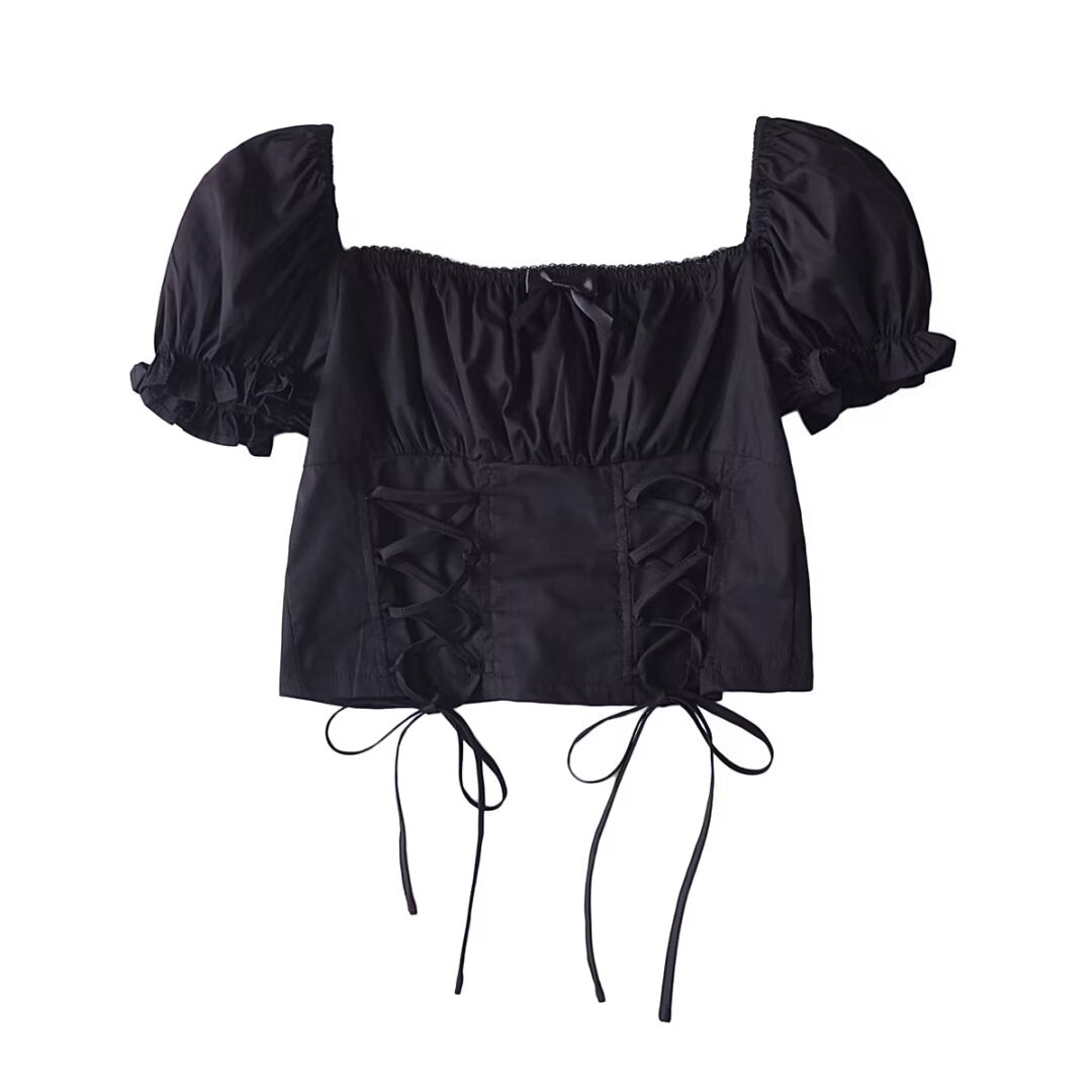 Women’s Black Puff Sleeve Lace Up Square Neck Crop Top