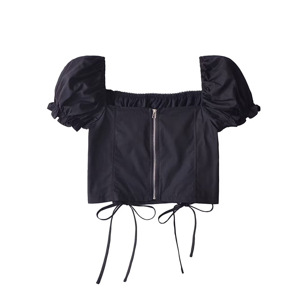 Women’s Black Puff Sleeve Lace Up Square Neck Crop Top