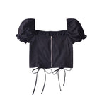 Women’s Black Puff Sleeve Lace Up Square Neck Crop Top