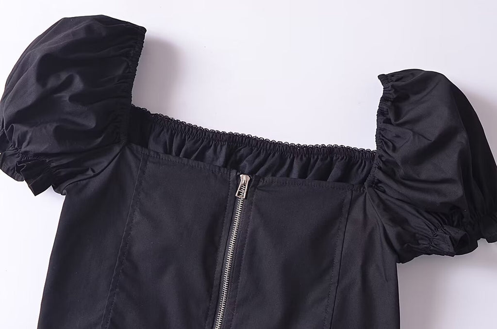 Women’s Black Puff Sleeve Lace Up Square Neck Crop Top