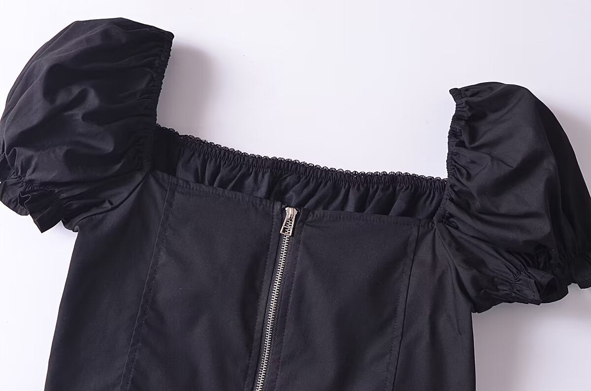 Women’s Black Puff Sleeve Lace Up Square Neck Crop Top