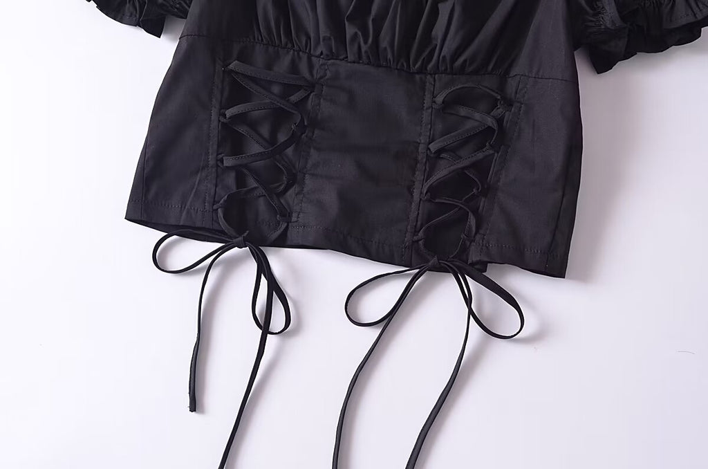 Women’s Black Puff Sleeve Lace Up Square Neck Crop Top