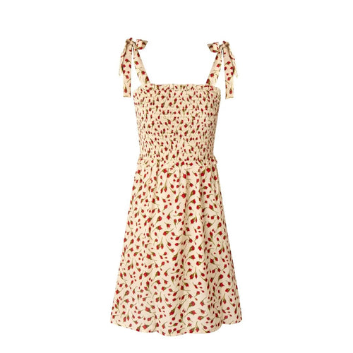 Spring French Vintage Bottom Small Floral Smocking Short Lace Up Strap Dress