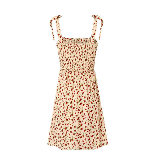 Spring French Vintage Bottom Small Floral Smocking Short Lace Up Strap Dress