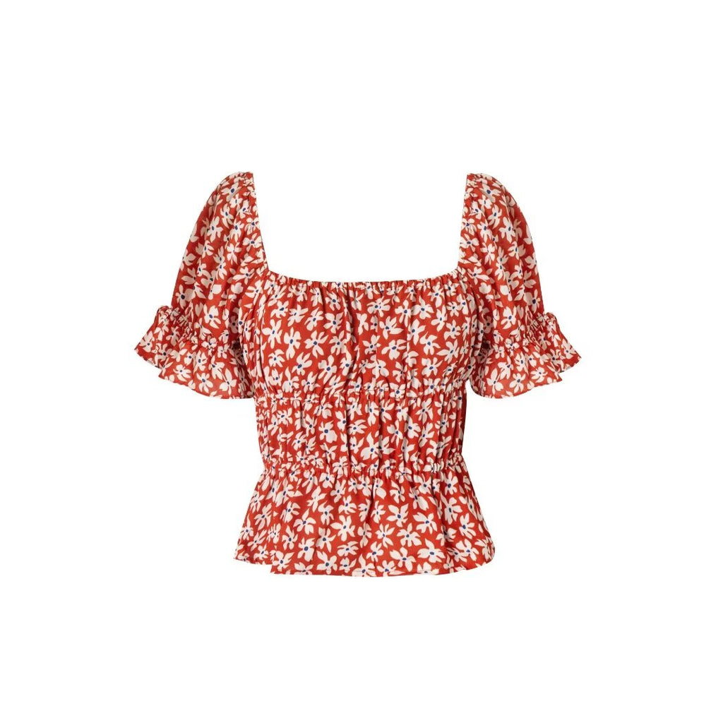 Women's Red Floral Square Neck Puff Sleeve Top
