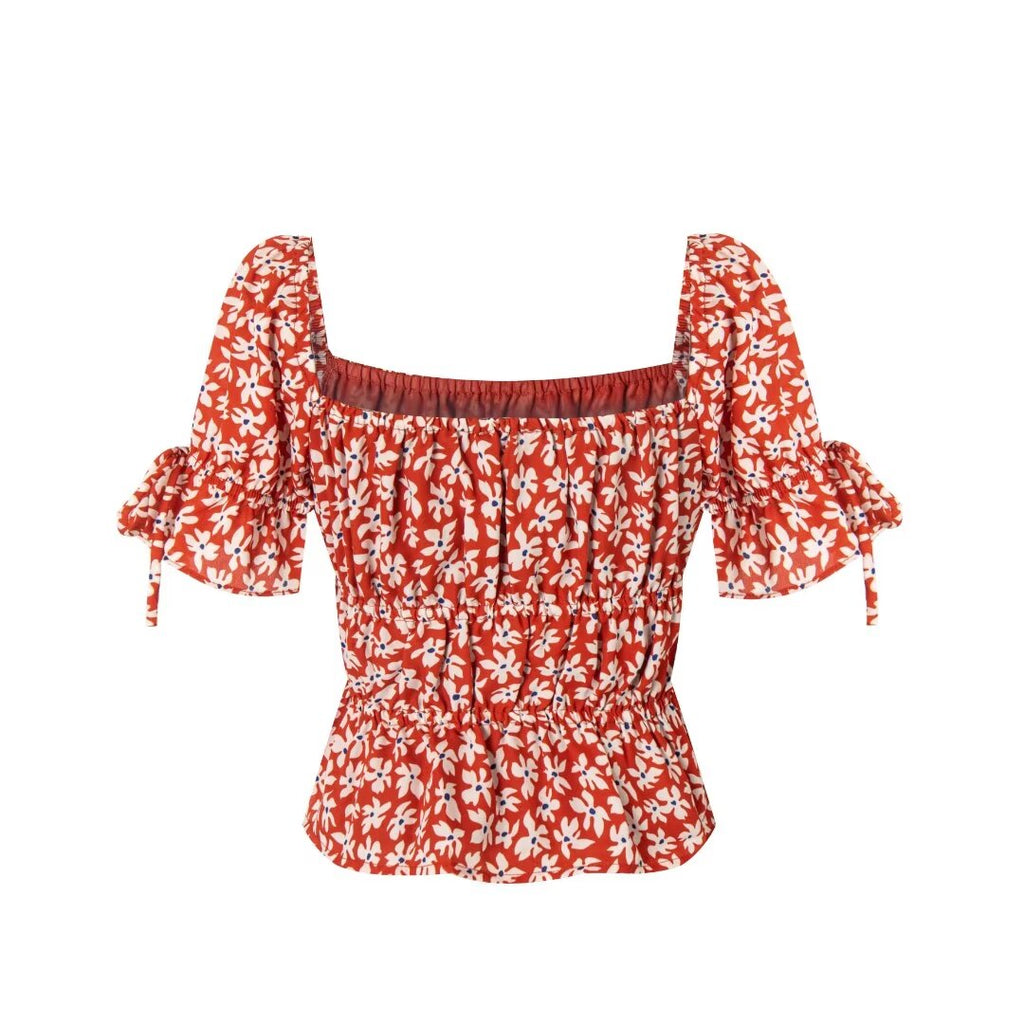 Women's Red Floral Square Neck Puff Sleeve Top