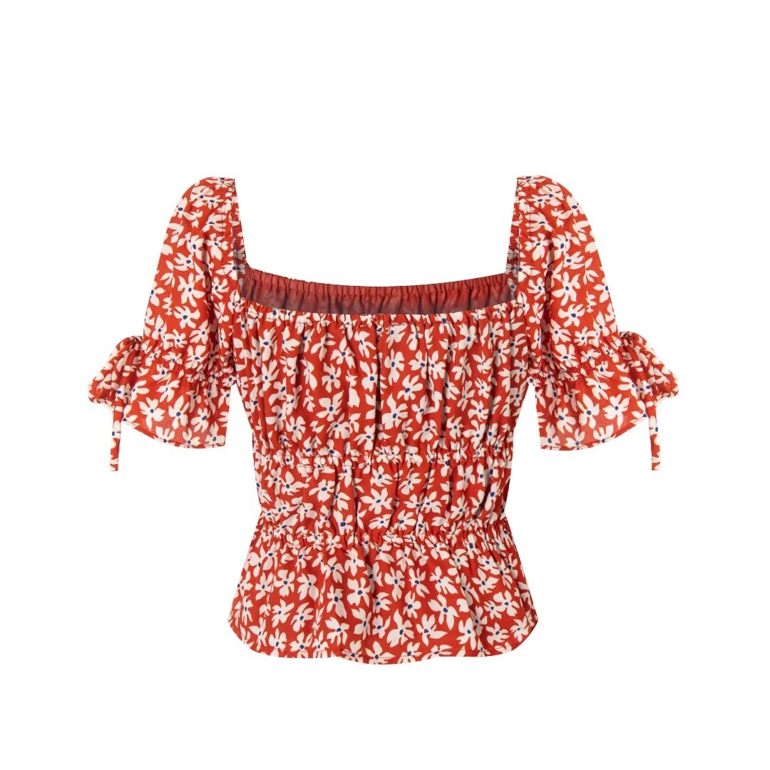 Women's Red Floral Square Neck Puff Sleeve Top