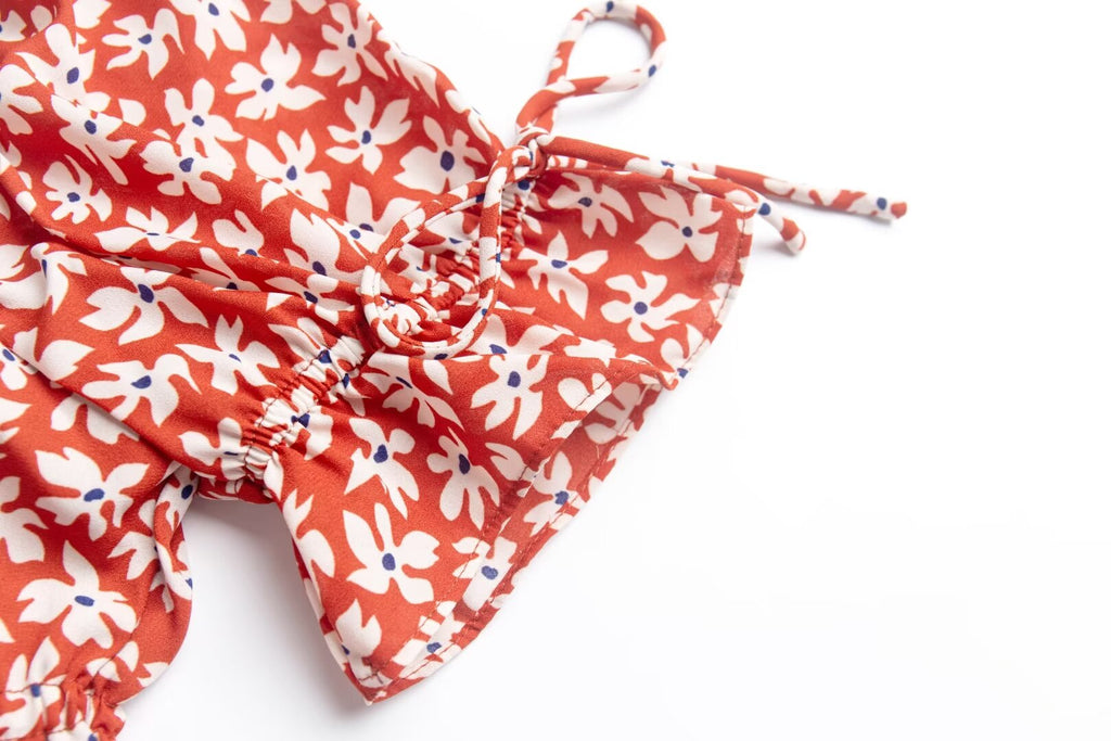 Women's Red Floral Square Neck Puff Sleeve Top