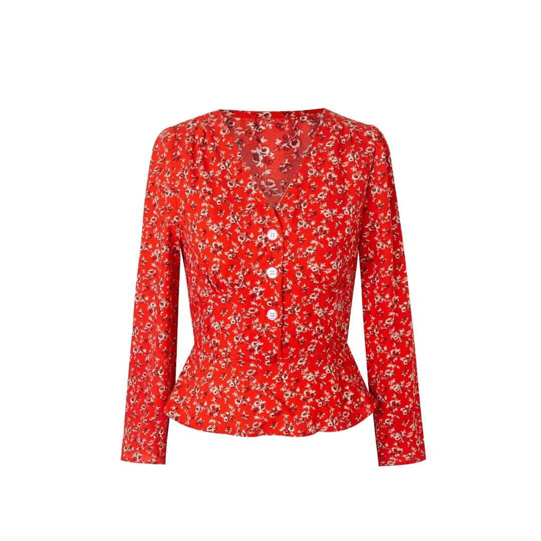 Women’s French Floral V Neck Long Sleeve Shirt