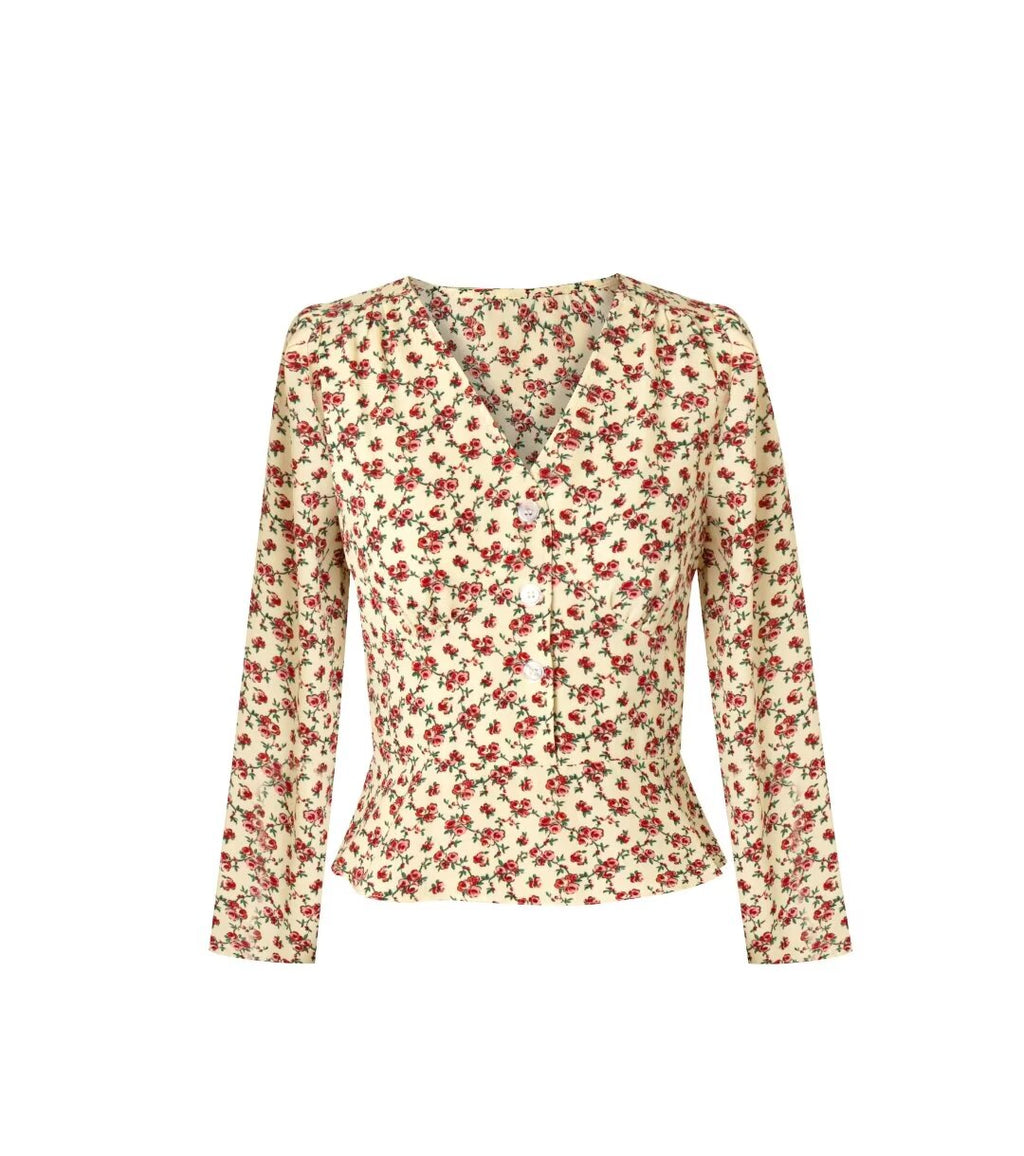 Women’s French Floral V Neck Long Sleeve Shirt