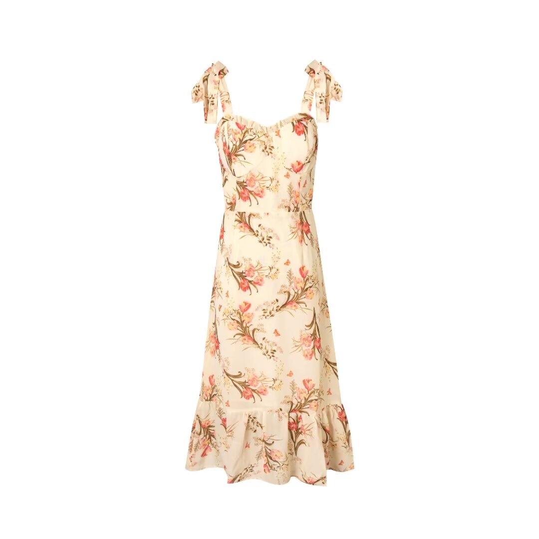 Women's Beige Floral Vacation Cami Dress