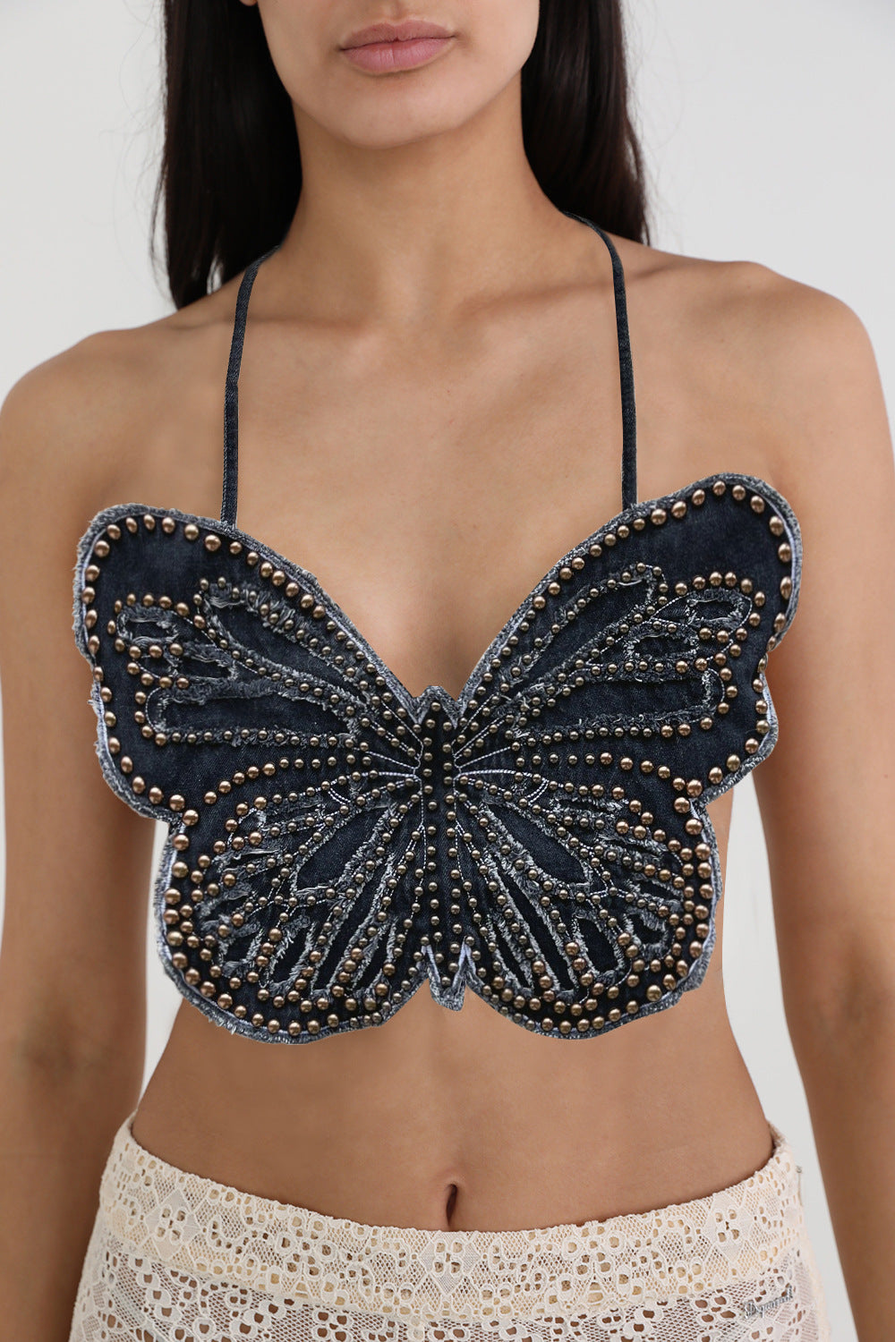 's Top Denim Sling Heavy-Duty Beaded Backless Strap Halter