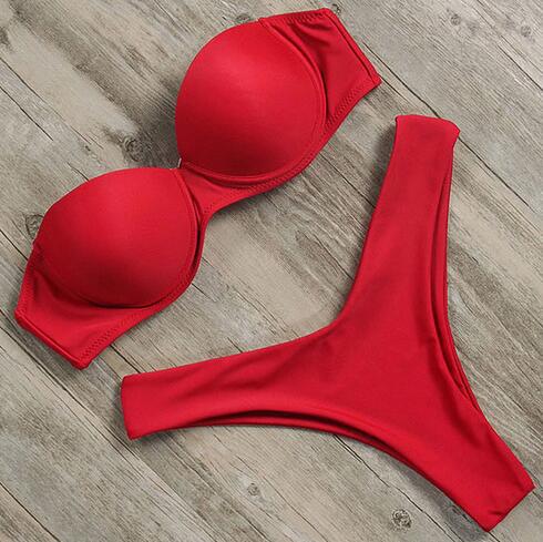 Red bikini swimsuit set with padded underwire bra and high-cut leg bottoms