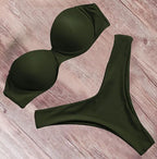 Olive green bikini swimsuit set with padded underwire bra and high-cut bottoms