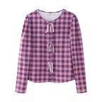 Women's Printed Checks Bowknot Decoration Long Sleeve Top