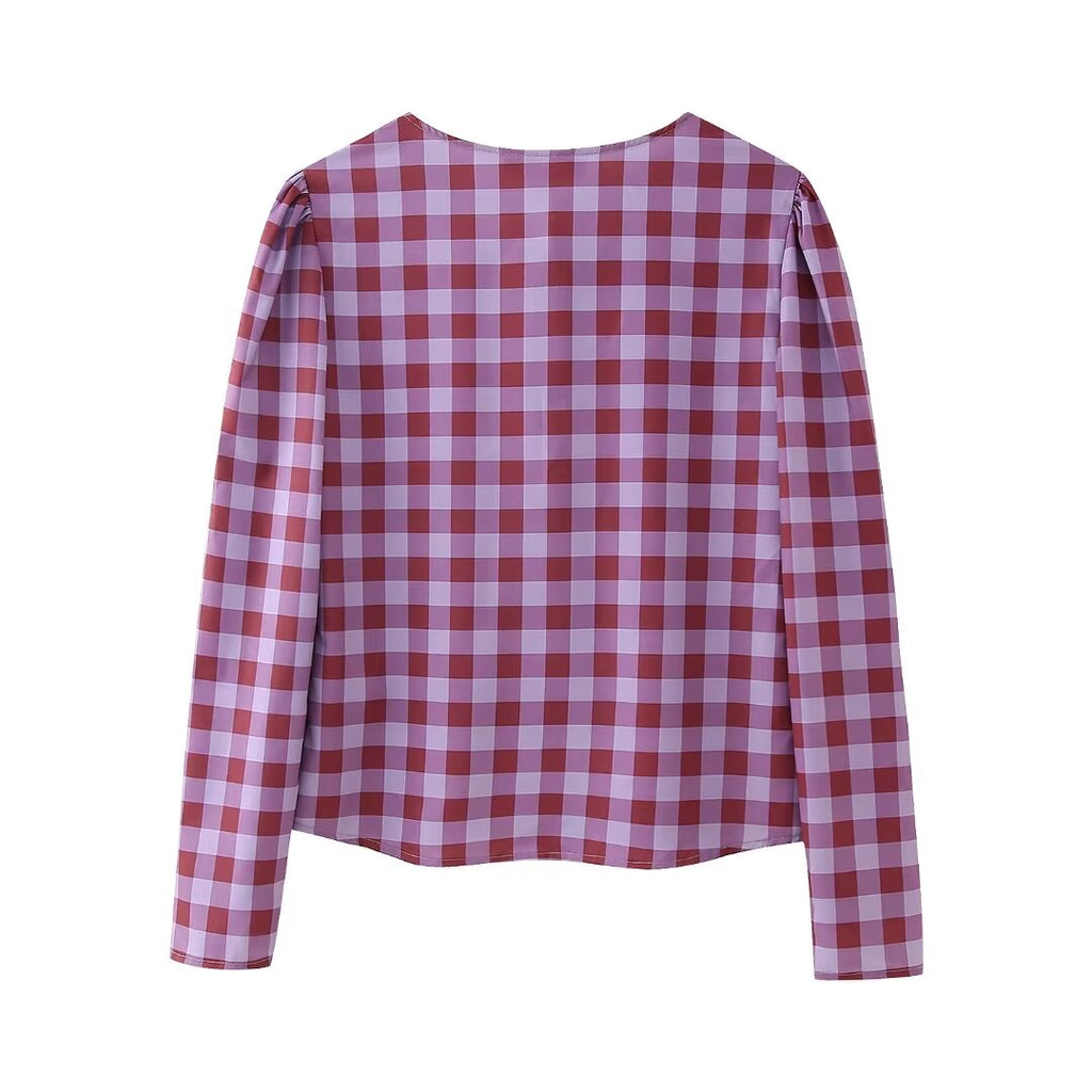 Women's Printed Checks Bowknot Decoration Long Sleeve Top