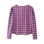 Women's Printed Checks Bowknot Decoration Long Sleeve Top