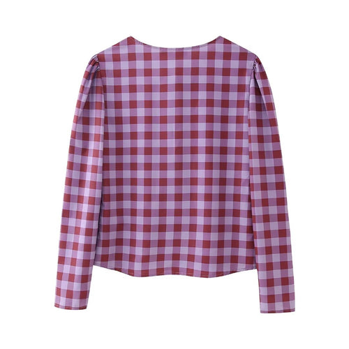 Spring Printed Checks Bowknot Decoration Long Sleeve Top for Women