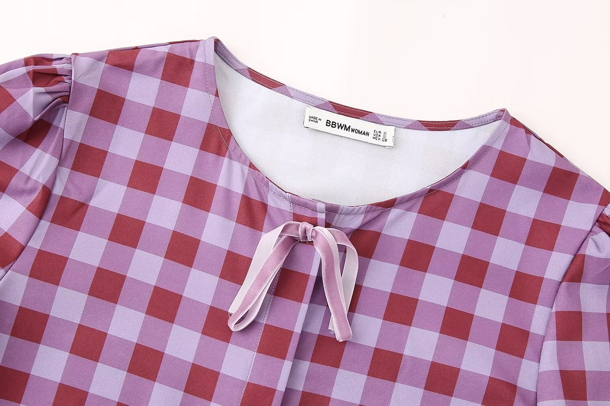 Women's Printed Checks Bowknot Decoration Long Sleeve Top