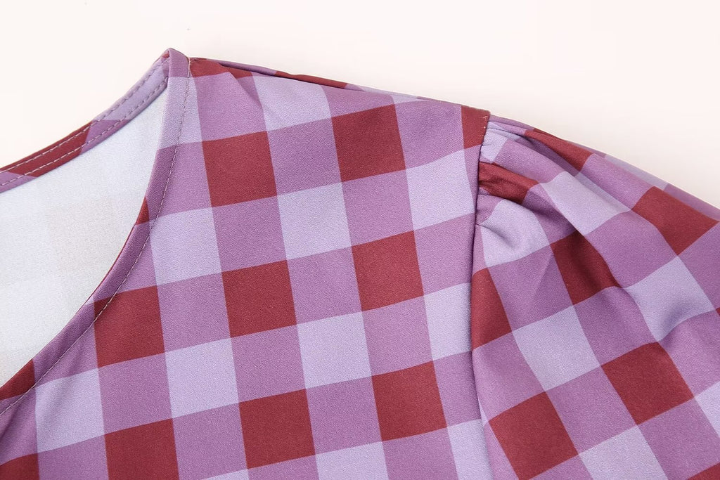 Women's Printed Checks Bowknot Decoration Long Sleeve Top
