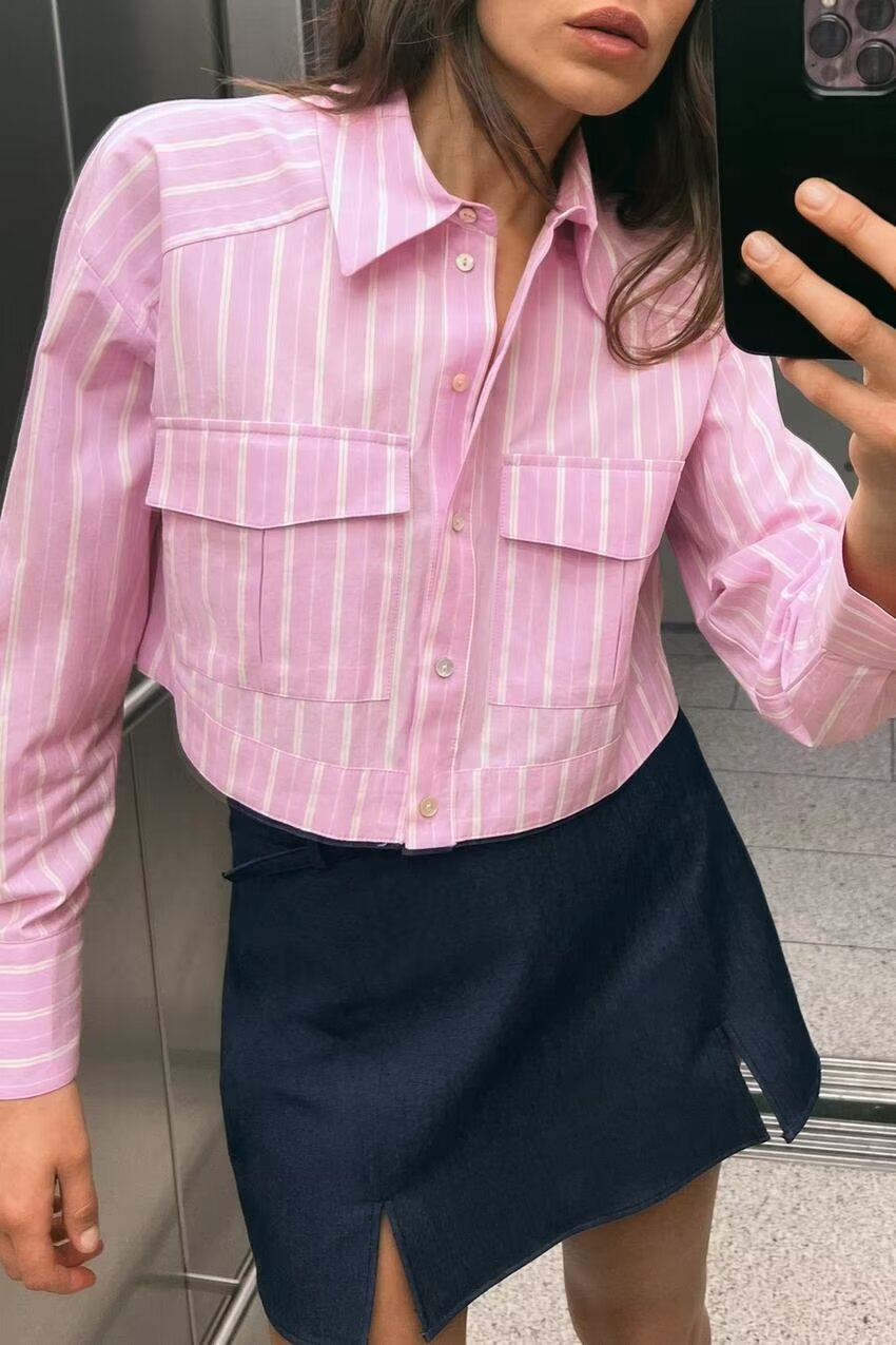 Women's Striped Patch Bag Decoration Short Long Sleeve Shirt