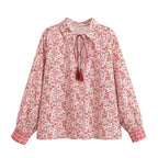 Women's Spring Elegant Collared Lace Up Floral Pullover Shirt Top For Women