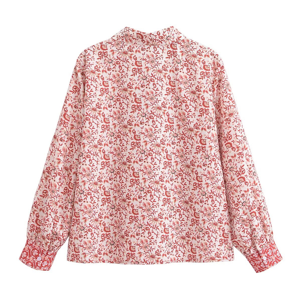 Women's Spring Elegant Collared Lace Up Floral Pullover Shirt Top For Women