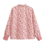 Women's Spring Elegant Collared Lace Up Floral Pullover Shirt Top For Women