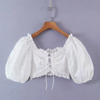 Women's Puff Sleeve Lace Up Slim Fit Short Small Shirt