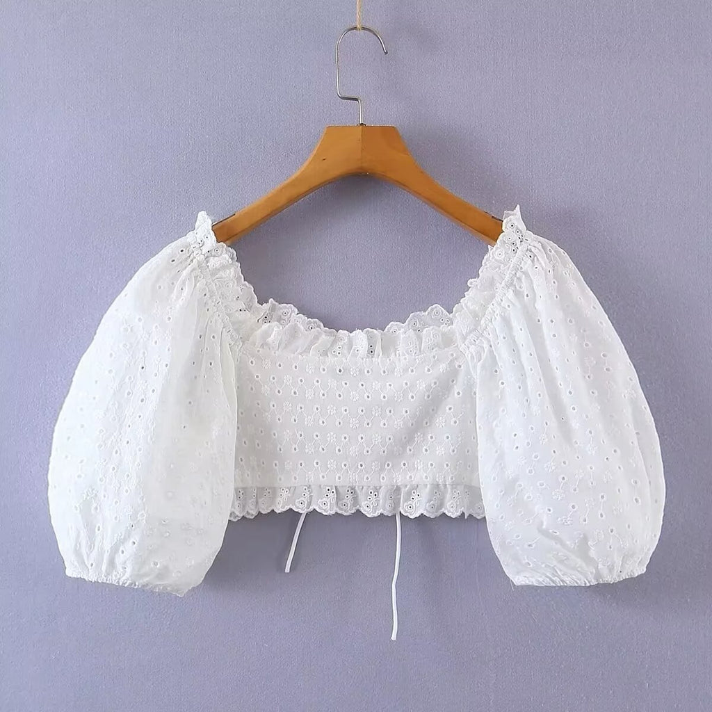 Women's Puff Sleeve Lace Up Slim Fit Short Small Shirt