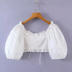 Women's Puff Sleeve Lace Up Slim Fit Short Small Shirt