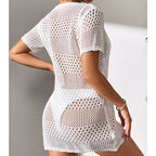 White cutout knit one-piece swimsuit, open knit back, short sleeves, mini length