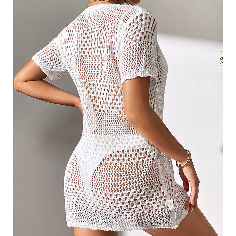White cutout knit one-piece swimsuit, open knit back, short sleeves, mini length